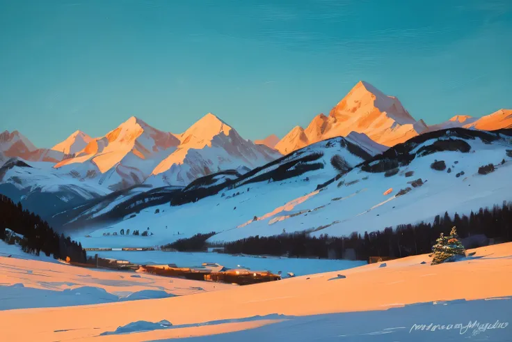 Emotive oil painting of a snow-capped mountain landscape at twilight, featuring bold, expressive brushstrokes and a rich, textured palette, with a focus on the soothing, calming effects of the cyan and orange color scheme, inspired by the emotive, expressi...