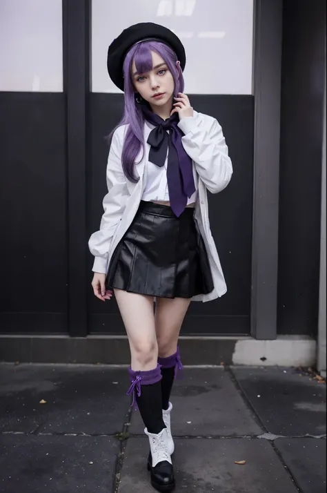 Lilac purple hair with messy bangs, dark purple , dark lilac scarf, white tie, black cropped coat, black skirt, white earrings, black beret with a lilac bow, lilac and pink irises with X pupils, black fishnet socks, black boots anime girl.