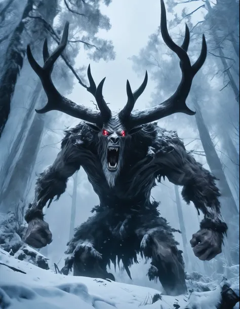 Masterpieces of horror, highest quality, (action shot, Motion blur), battle, greg latkowski, (Focus on a scary big wendigo seen in the distance, big size difference of the horns), fantasy, People who fight against it々, dark winter evening, Deep dark forest...