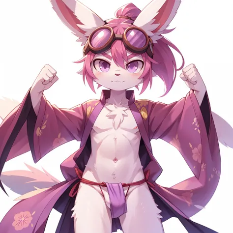 furry shota, rabbit, long rabbit ears, pink hair, long spiky ponytail, spiky hair, detailed body fur, pink eyes, ((purple kimono, open clothes, red fundoshi, goggles)), looking at you, white body fur, detailed face, big eyebrows, detailed eyes, detailed bo...