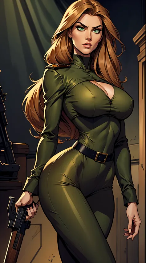 high stature, long hair light chestnut tone, big and almond eyes, intense green eyes, slender and elegant figure, wear a black militar clothes, busty, booty. Low-cut blouse. Weapon in hands. Comic style