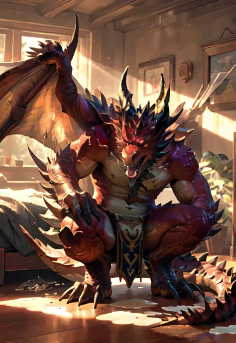 alone, (muscular), (male human dragon):1.3, bright scales, (Kamimay):1.3, (Common:1.4) (pray):1.23, (，wearing a short white loincloth）, exquisite eyes, lizard tail,a pair of dragon horns, a pair of dragon wings, (exquisite eyes，stripe，sharp claws，cute anim...