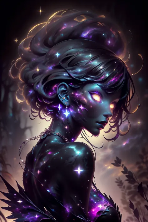 (((this is a dark image))). generate a dark celestial woman with ((extremely perfect)) eyes and (((pure black galaxy skin))). he...