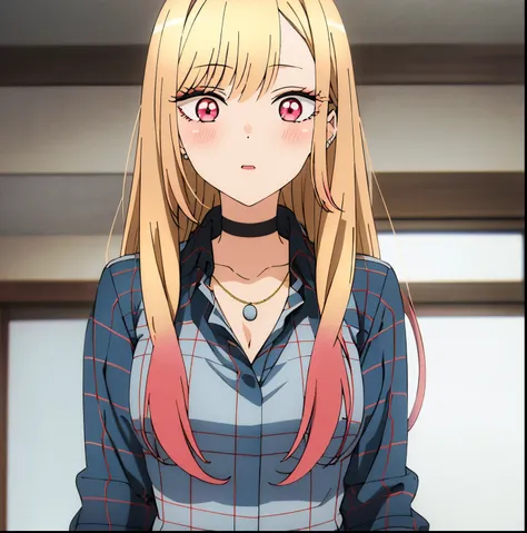 1girl, alone, marin kitagawa,long_hair, breasts, looking_at_viewer, blush, open_mouth, bangs, blonde_hair, shirt, red_eyes, jewe...