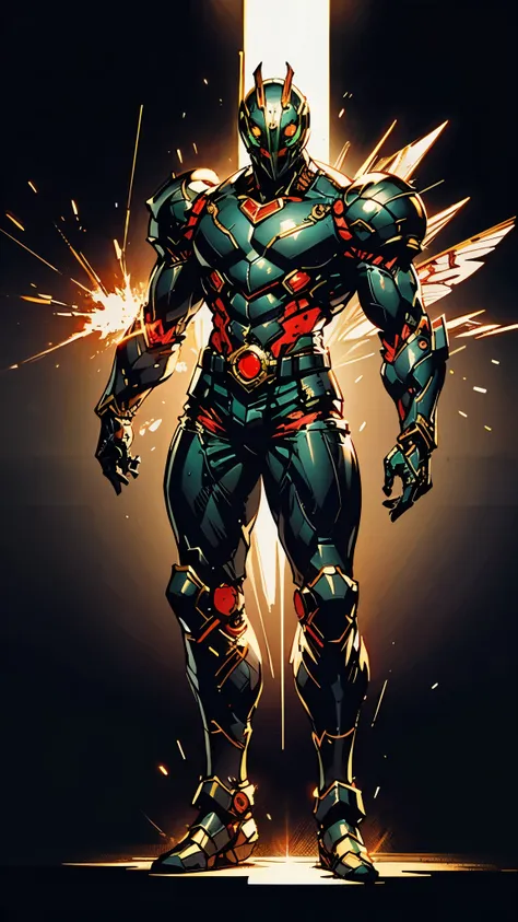 A man wearing a full-face helmet, a fantasy-style biotech armored combat suit, green eyes, (a composite layered chest armor), fully enclosed shoulder guards, matching arm and leg guards, the belt is adorned with Beetle-shaped gem, (the color scheme is prim...