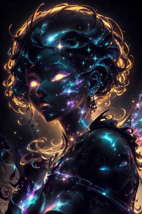 (((This is a dark image))). Generate a dark celestial woman with ((extremely perfect)) eyes and (((pure black galaxy skin))). Her ((onyx black)) but (soft) face should be highly detailed and realistically shaded with puffy lips. (((Her face is important.))...