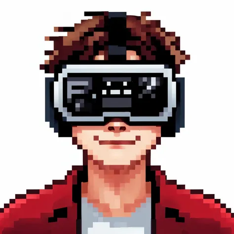 Close-up of a person wearing a virtual reality device, Portrait of Rofi, video game avatar, wearing VR goggles, # digital 2d, 1 0 0 0 x 1 0 0 0 pixel art, Website Avatar, Starring Marty McFly, 2D Portrait, Slightly pixelated, digital 2d, Digital 2D, VR gog...