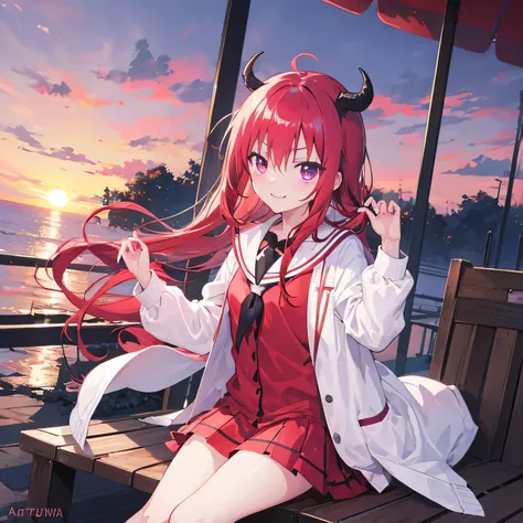 personaje: Satanichia mcdowell kurumizawa 
color de ojos magenta cabello rojo semi largo 
ANIME: GABRIEL DROPOUT 
accesorios: listones para el cabello 
Vestimenta elegante moderno 

contemplando el atardecer con una sonrisa hermosa 
