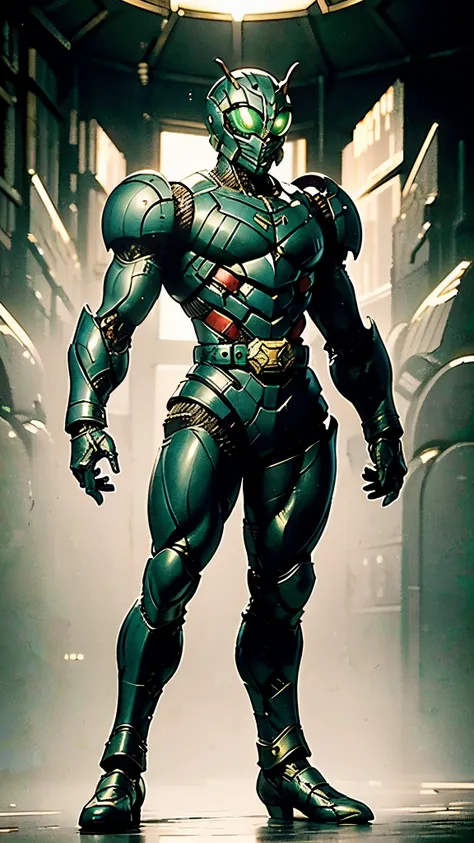 A man wearing a full-face helmet, a fantasy-style biotech armored combat suit, green eyes, (a composite layered chest armor), fully enclosed shoulder guards, matching arm and leg guards, the belt is adorned with Beetle-shaped gem, (the color scheme is prim...