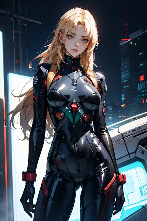 (best quality,4k,8k,highres,masterpiece:1.2),ultra-detailed,(realistic,photorealistic,photo-realistic:1.37),female young woman,lithe body,curvy,very large breasts,black latex bodysuit,sci-fi,evangelion,anime,catsuit,long blonde hair,cyberpunk,mech,mech in ...