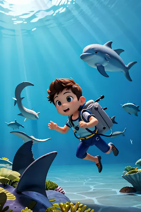 A little boy diver with a dolphin, inside deep ocean talking.
