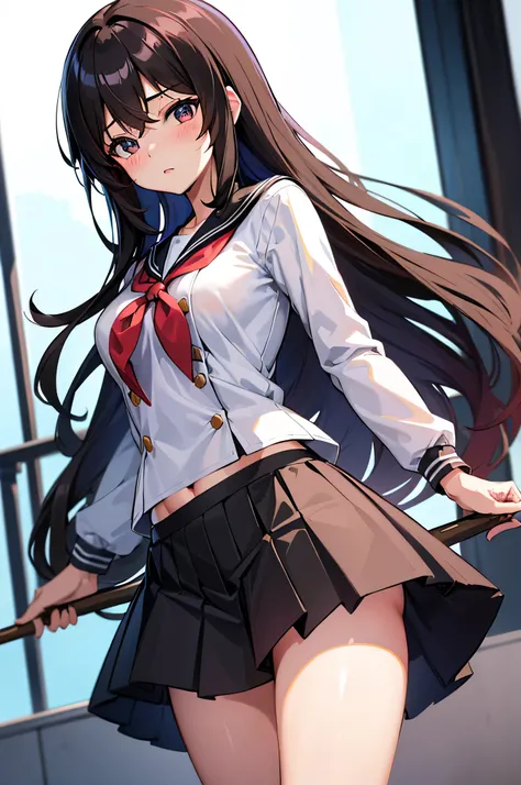 an anime character with long brown tresses and a short miniskirt in sailor very open outfit, holding a bow and arrow, 1girl, solo, lift miniskirt, sexy, very short school uniform, sexy, short serafuku, firm medium breasts, long hair, blouse with wide neckl...