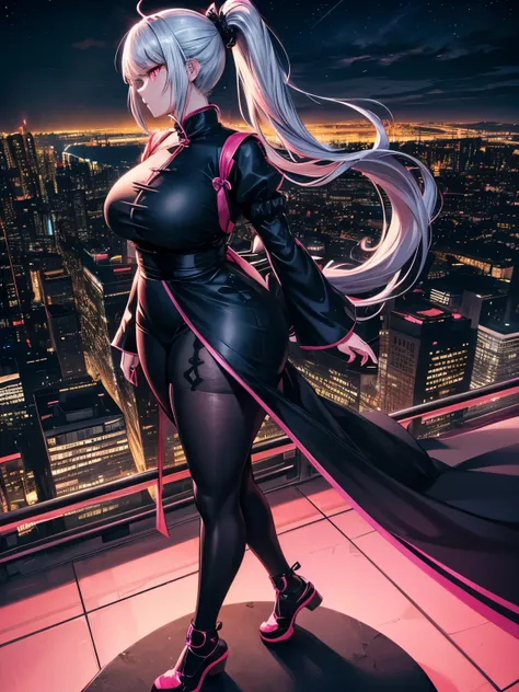 anime, (artwork, best quality, ultra-detailed, high contrast), 1 woman (alone, full body, plus size body, standing on the edge o...