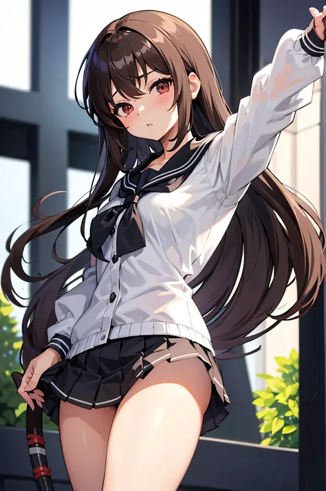 an anime character with long brown tresses and a short miniskirt in sailor very open outfit, holding a bow and arrow, 1girl, solo, lift miniskirt, sexy, very short school uniform, very open school uniform, sexy, short serafuku, firm medium breasts, long ha...