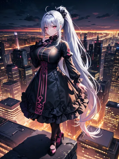 anime, (artwork, best quality, ultra-detailed, high contrast), 1 woman (Alone, full body, plus size body, standing on the edge of the skyscraper, silver hair, LONG In a ponytail, red eyes, perfect eyes ruby sparkles, (simple black qipao, black cybernetics ...