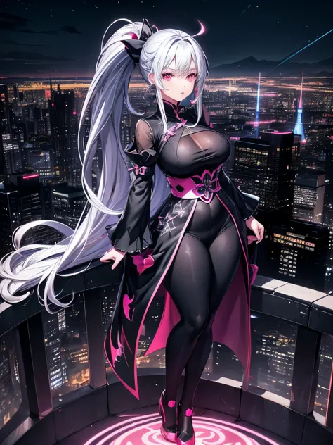 anime, (artwork, best quality, ultra-detailed, high contrast), 1 woman (Alone, full body, plus size body, standing on the edge of the skyscraper, silver hair, LONG In a ponytail, red eyes, perfect eyes ruby sparkles, (simple black qipao, black cybernetics ...