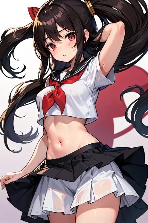 an anime character with long brown tresses and a short miniskirt in sailor very open outfit, holding a bow and arrow, 1girl, solo, lift miniskirt, sexy, very short school uniform, very sexy, se aprecia el cuerpo desnudo tras la ropa, short serafuku, firm m...