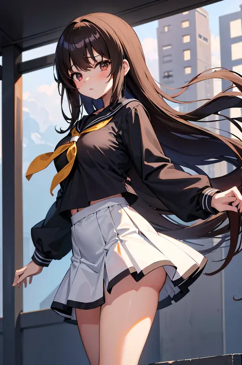 an anime character with long brown tresses and a short miniskirt in sailor very open outfit, holding a bow and arrow, 1girl, solo, lift miniskirt, sexy, very short school uniform, very sexy, se aprecia el cuerpo desnudo tras la ropa, short serafuku, firm m...