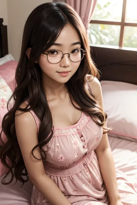 detailed face of half  body photo. 25 year old Indonesian girl with a sweet  face,  big  round face and long brown wavy hair, round glasses wearing a pink sleeveless nightgown with a floral pattern, sitting on luxurious bedroom