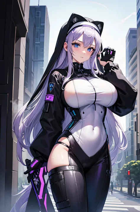 4k,High resolution,One Woman,White purple hair,long hair,Blue Eyes,Big Breasts,Nuns,A tight-fitting black cyber suit,Black Nuns Veil,Cyber Headgear,Long sword,City of the Future