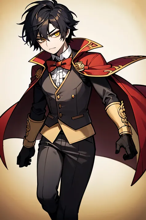 Anime male, short black hair, yellow eyes, elegant,((best quality)), ((highly detailed)), masterpiece, puffy shirt, big bowtie, vest, brown boots, red hood, red cape, frills, The sleeves are wide at the hem, long sleeve shirt, black gloves. 