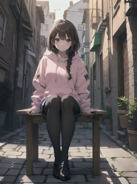 masterpiece, highest quality,Shiny,Abuse of chromatic aberration,pastel colour,whole body,Wide Shot,Perfect Eyes、
One girl,alone, ,Bob cut braids,Red eyes,Brown Hair,smile,
View your viewers,Immature girl,
architecture,wood,alley,Cobblestones,Sitting, with...