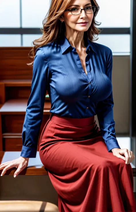 Professional, High level of detail, close up photo (attractive mature 55yo woman:1.3),long hair,(steward dress, long skirt, elegant)1.455,ray tracing, natural lighting, (seductive:1.1), (blushing:1.1 ), (classy, elegant, dandy)1.2, (round big breasts)1.2 (...