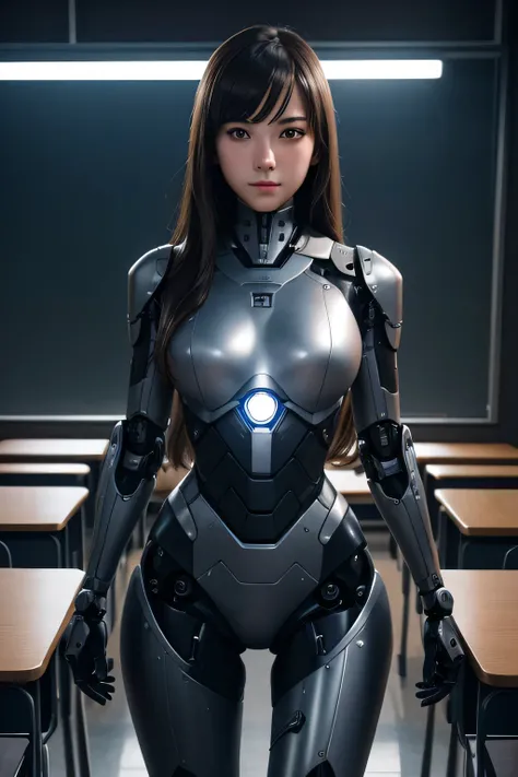 A high school girl is transformed into a spy robot　Mechanical body　exposed machinery　The background is a classroom at night., UHD, retina, masterpiece, ccurate, anatomically correct, textured skin, super detail, high details, high quality, award winning, b...