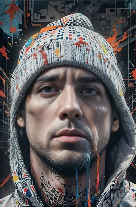 White man painting, Dark Background, Knitted hat, Glory and failure, put a cigarette in your mouth, Eminem, The King of Hip Hop, Charismatic Rapper, Chop the lime, Losing sight of yourself, Award-winning works, top 6 best movie ever imdb list, imdb, 0 0 se...