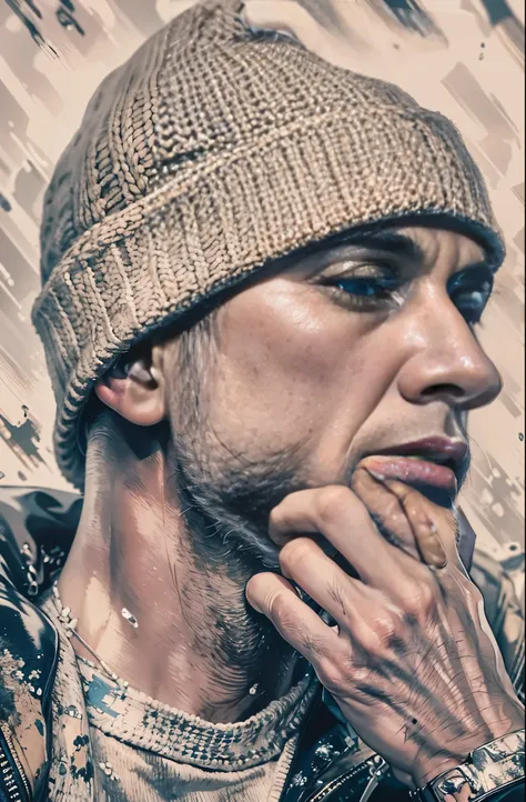 White man painting, Dark Background, Knitted hat, Glory and failure, put a cigarette in your mouth, Eminem, The King of Hip Hop, Charismatic Rapper, Chop the lime, Losing sight of yourself, Award-winning works, top 6 best movie ever imdb list, imdb, 0 0 se...