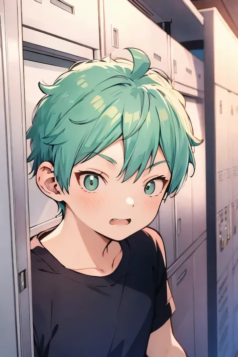 leo ford green hair、iris、asian,one boy,alone,,locker room、idol costumes、scared - facial expression of fear