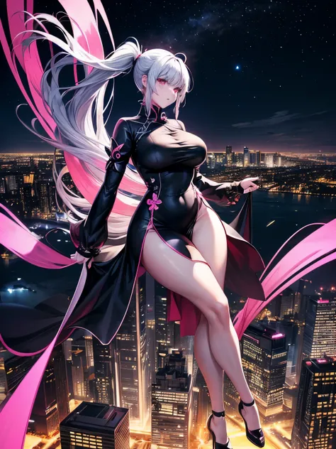 anime, (artwork, best quality, ultra-detailed, high contrast), 1 woman (Alone, full body, plus size body, standing on the edge of the skyscraper, silver hair, LONG In a ponytail, red eyes, perfect eyes ruby sparkles, (simple black qipao, black cybernetics ...