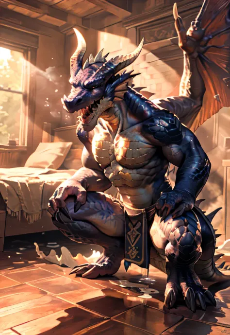 alone, (muscular), (male human dragon):1.3, bright scales, (Kamimay):1.3, (Common:1.4) (pray):1.23, (,wearing a short white loincloth), exquisite eyes, lizard tail,a pair of dragon horns, a pair of dragon wings, (exquisite eyes,stripe,sharp claws,cute anim...