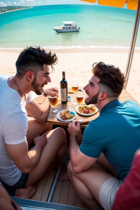 Un grupo de hombres adinerados teniendo una fiesta en un yate, pov: lejos desde una playa