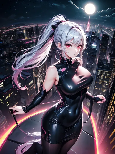 anime, (artwork, best quality, ultra-detailed, high contrast), 1 woman (Alone, full body, plus size body, standing on the edge of the skyscraper, silver hair, LONG In a ponytail, red eyes, perfect eyes ruby sparkles, (simple black qipao, black cybernetics ...