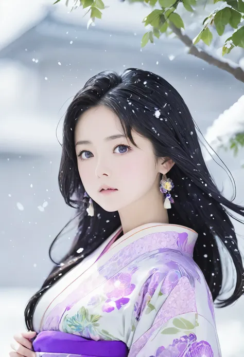 (((White world、White Background)))、born、Real stick、Realistic、Very cute woman、Perfect beauty、Natural look、No makeup、Plump fat beautiful black hair、yamato nadeshiko、Beautiful light purple kimono、Nishijin-ori kimono、Very delicate kimono pattern、Beautiful angl...