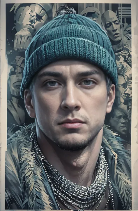 White man painting, Dark Background, Knitted hat, Glory and failure, put a cigarette in your mouth, Eminem, The King of Hip Hop, Charismatic Rapper, Chop the lime, Losing sight of yourself, The best pose, Award-winning works, top 6 best movie ever imdb lis...