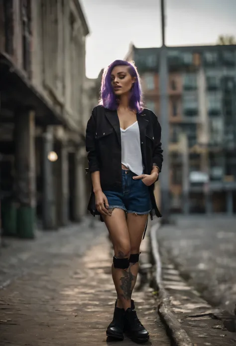 arafed woman with purple hair and a black shirt posing on a ledge, wearing cyberpunk streetwear, gothic city streets behind her, cyberpunk vibe, mid shot portrait, dystopian grunge, witchcore clothes, punk rock clothes, grunge cyberpunk, graphic tees, wear...