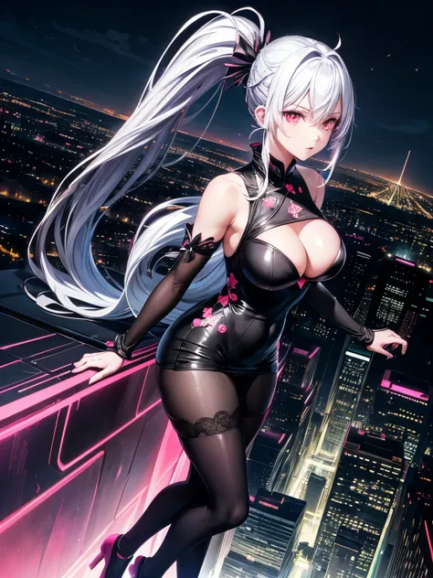 anime, (artwork, best quality, ultra-detailed, high contrast), 1 woman (Alone, full body, plus size body, standing on the edge of the skyscraper, silver hair, LONG In a ponytail, red eyes, perfect eyes ruby sparkles, (simple black qipao, black cybernetics ...