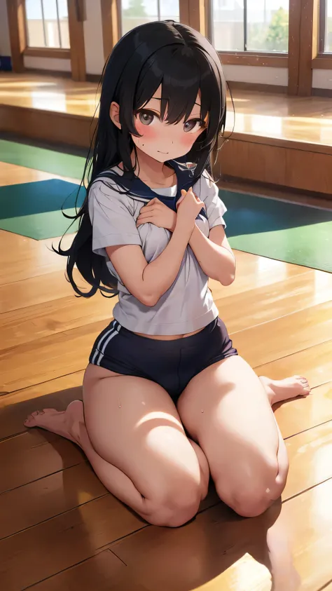 Perfect beautiful girl, 13yo, Black Hair、flat chest, (((thick thighs)))、 Shy expression、Sweat、 ((athletic bloomers)), (school, wariza, sitting in wooden floor gym room, bare thighs, barefoot),