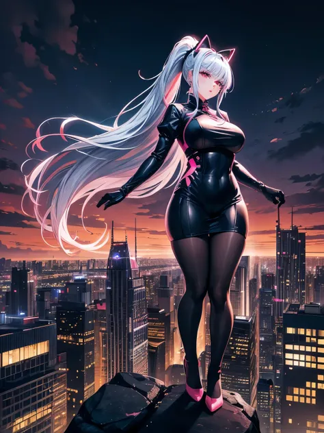 anime, (artwork, best quality, ultra-detailed, high contrast), 1 woman (Alone, full body, plus size body, standing on the edge of the skyscraper, silver hair, LONG In a ponytail, red eyes, perfect eyes ruby sparkles, (simple black qipao, black cybernetics ...