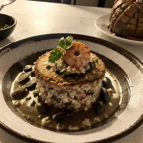 Crea un plato que contenga risotto en tinta de calamar, con pulpos baby, zebra shrimp, mejillones (solo la carne) y calamar 