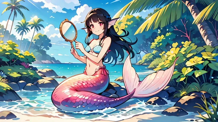 (best quality,4k,8k,highres,masterpiece:1.2),ultra-detailed,(realistic,photorealistic,photo-realistic:1.37) (best quality,highres,realistic),anime style,pink eyes,very long black hair,happy,teenage boy,is magically transformed into a cute female mermaid,ge...