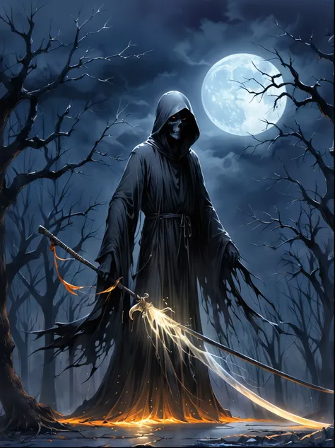 A vivid scene depicting the Grim Reaper, the iconic figure in a dark shroud wielding a scythe. In this unique interpretation, his form appears to be splitting, as if his essence or soul is being divided. Ethereal wisps of energy escape from the dividing li...