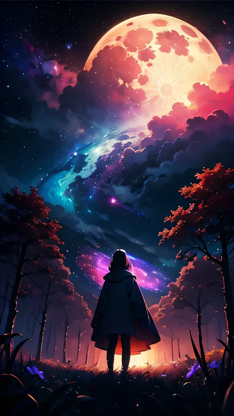 expansive landscape photograph , (a view from below that shows sky above and open field below), a girl standing on flower field looking up, (full moon:1.2), ( shooting stars:0.9), (nebula:1.3), distant mountain, tree BREAK
production art, (warm light sourc...