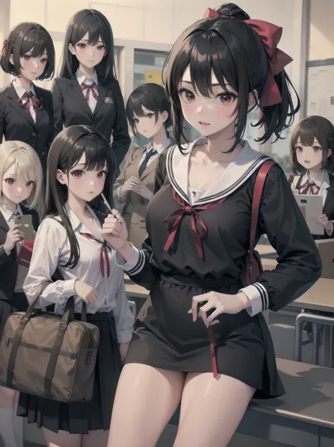 Masterpiece, top quality, super detailed, 16k, One girl, spring, high school, warm colors, school bag, accurate and highly detailed background, flock of schoolgirls in uniforms of various body shapes and hairstyles, cute. Blake. , red eyes, black hair, rib...