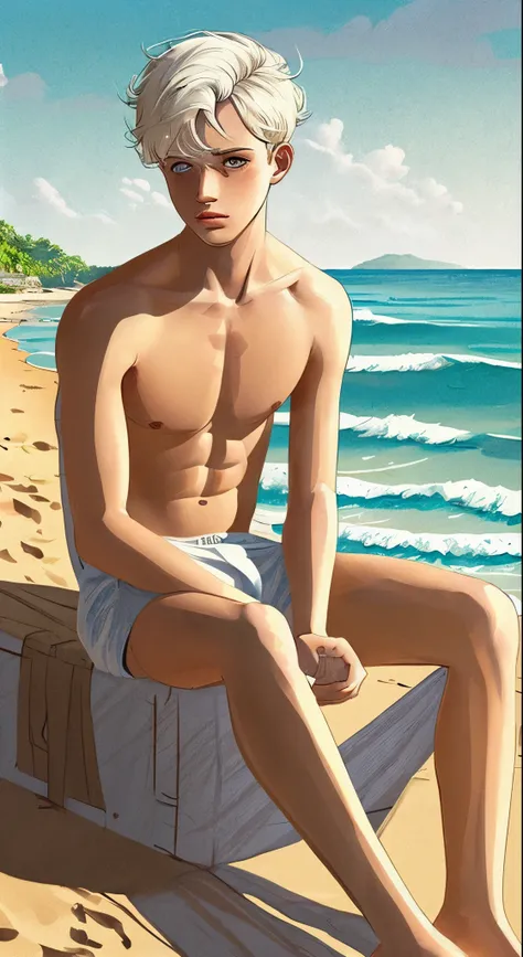 (Highly detailed and high-quality illustrations),(Best lighting and shadow effects, Ultra-realistic), Beach, A young man with tan skin and short, light white hair, Looking pensively at the sea,logic