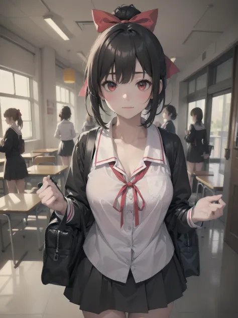 Masterpiece, top quality, super detailed, 16k, One girl, spring, high school, warm colors, school bag, accurate and highly detailed background, flock of schoolgirls in uniforms of various body shapes and hairstyles, cute. Blake. , red eyes, black hair, rib...