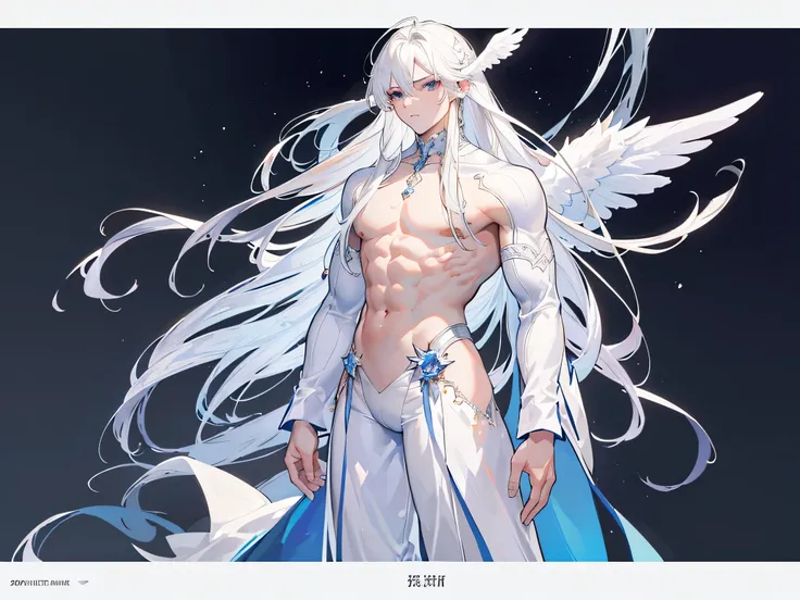 ((Masterpiece, Highest quality)), Male, boy, Detailed face, character design sheet， full bodyesbian, Full of details, frontal body view, back body view, Highly detailed, Depth, Many parts, angel wings, white hair, angel outfit, Muscle boy with white long h...