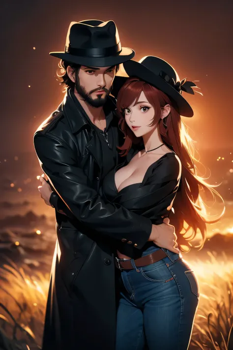 Young man with short black hair and beard stubble, the man is wearing a black trenchcoat and a black fedora hat, the man is hugging a woman with really long red hair, the woman is wearing a beige jacket and jeans pants, kauai hawaii forest jungle, magic ho...